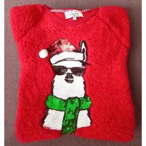 Poof New‎ York Merry Christmas Sequin Llama Sherpa Shirt Women's Large Red Fuzzy